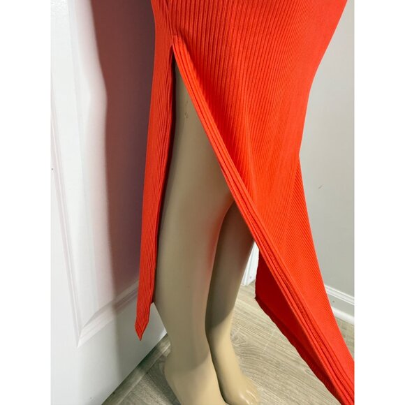 Red Ribbed Cut-Out Halter Midi Dress With Side Slit Adjustable Straps And Tie Fr - Picture 3 of 5